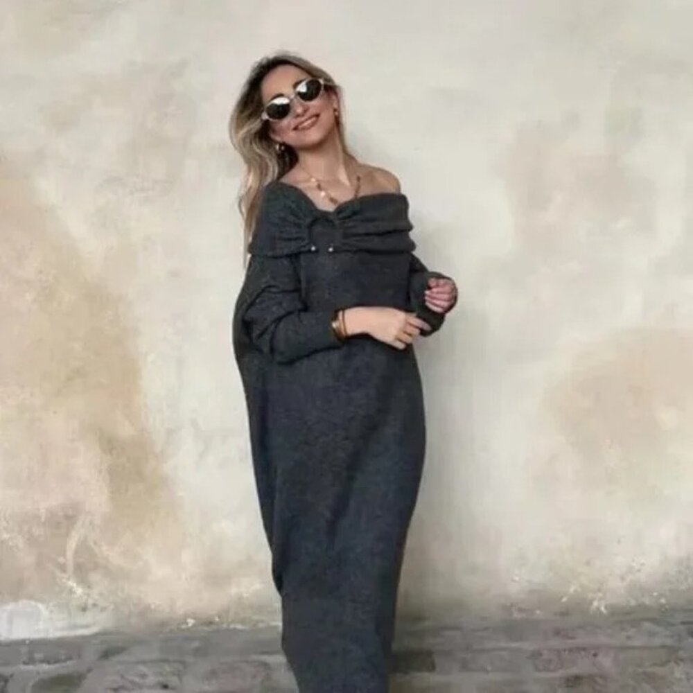 Zara Draped Soft Elegant Knitwear Off-Shoulder Gray Dress